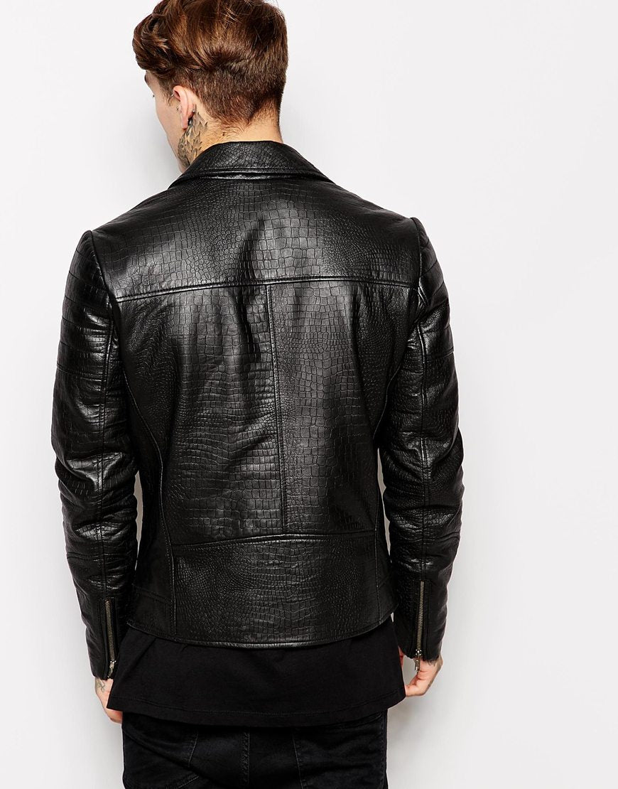 Leather Biker Jacket In Faux Croc Print
