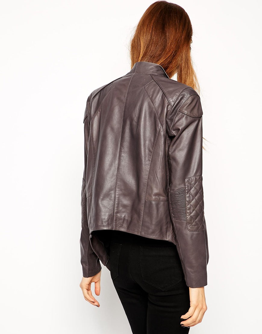 Leather Jacket With Waterfall Front And Quilt Detail
