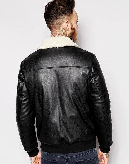 Faux Leather Bomber Jacket With Borg Collar