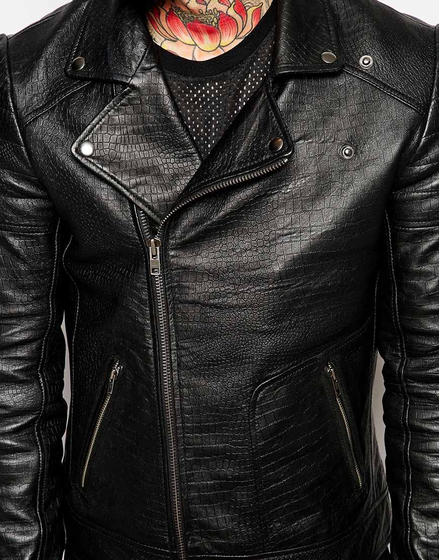 Leather Biker Jacket In Faux Croc Print